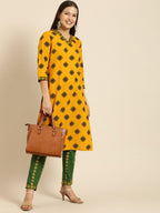 All About You Women Mustard Yellow Ethnic Motifs Printed Kurta with Green Printed Trousers | Grocsy