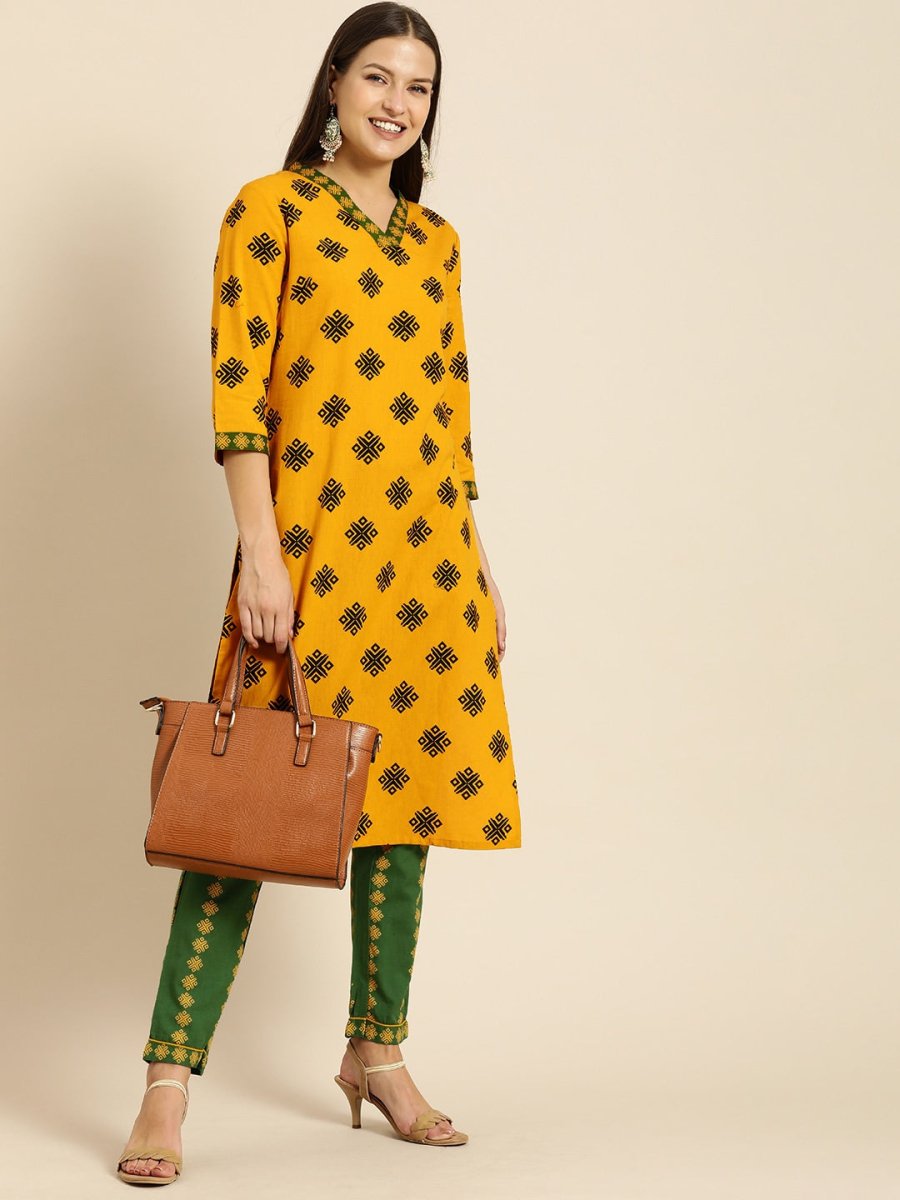 All About You Women Mustard Yellow Ethnic Motifs Printed Kurta with Green Printed Trousers | Grocsy