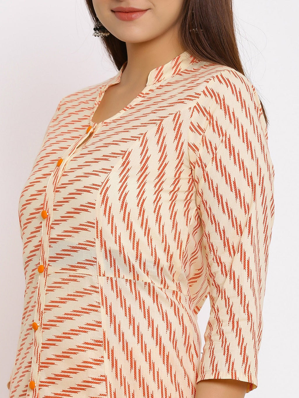 HERE&NOW Orange Mandarin Collar Striped A-Line Kurta | Grocsy