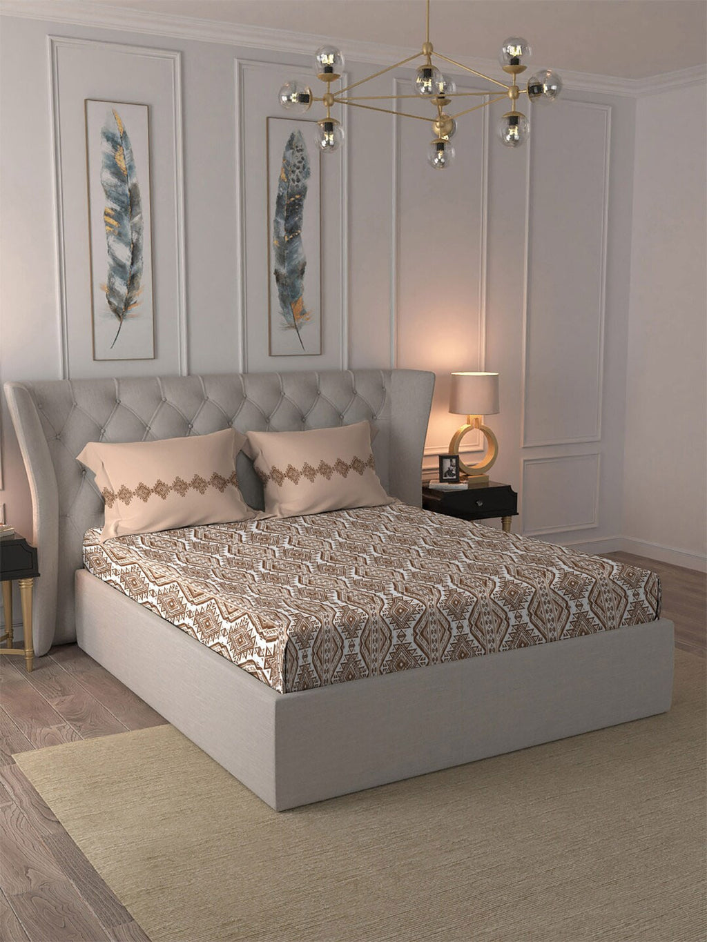 MYTRIDENT Brown Ethnic Motifs Cotton 120 TC Queen Bedsheet With 2 Pillow Covers | Grocsy