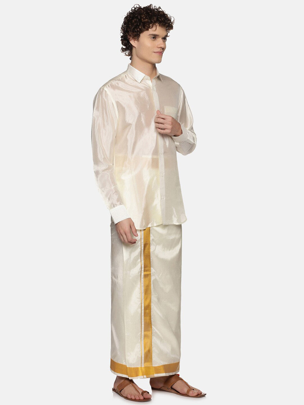 Sethukrishna Men Cream Art Silk Gold Zari Border Dhoti | Grocsy