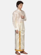 Sethukrishna Men Cream Art Silk Gold Zari Border Dhoti | Grocsy