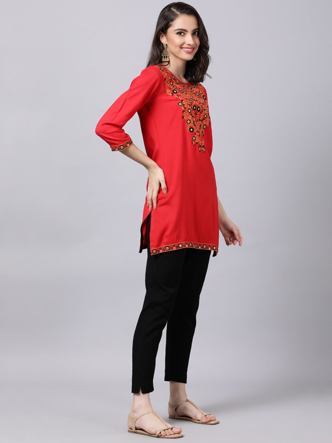 Souchii Women Red Yoke Design Thread Work Grandeur & Majestic Artwork Kurta | Grocsy