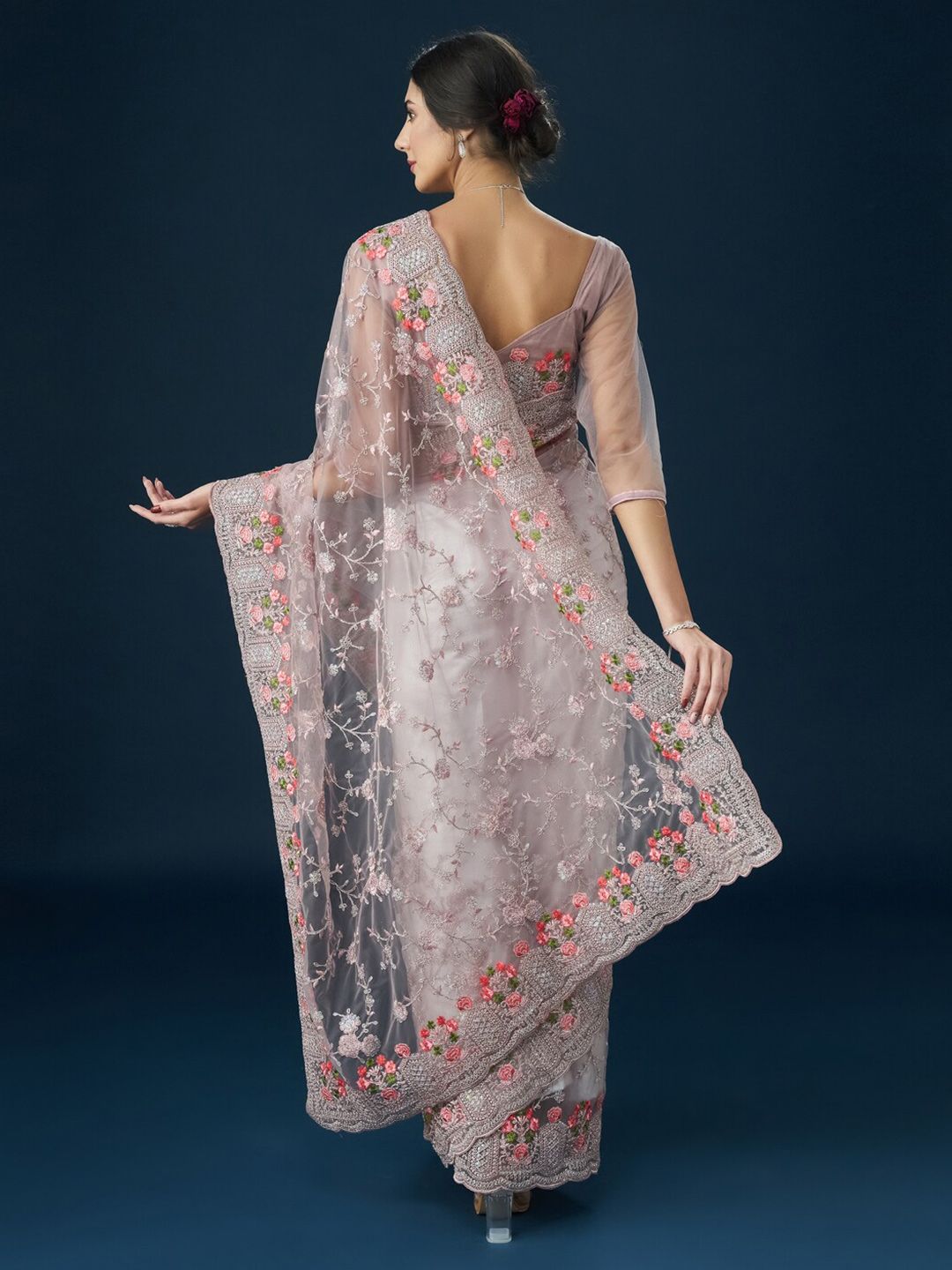 kasee Floral Embroidered Net Saree | Grocsy