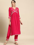 Sangria Ethnic Motifs Embroidered High Slit Thread Work Kurta With Trousers | Grocsy