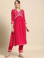 Sangria Ethnic Motifs Embroidered High Slit Thread Work Kurta With Trousers | Grocsy