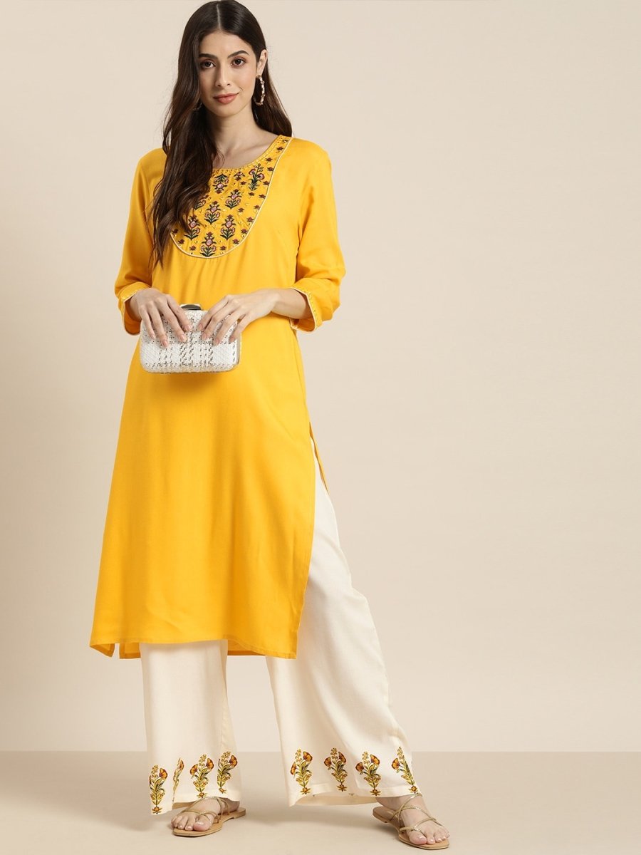 All About You Women Yellow & Beige Embroidered Kurta with Palazzos | Grocsy