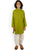 Sethukrishna Boys Green Angrakha Pure Cotton Kurta with Churidar | Grocsy