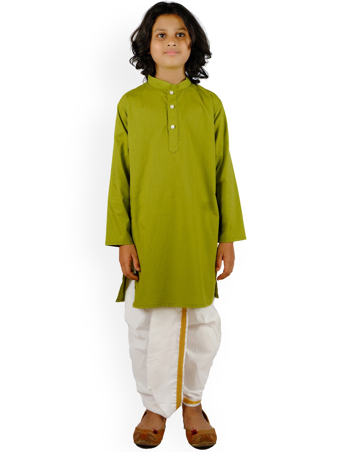Sethukrishna Boys Green Angrakha Pure Cotton Kurta with Churidar | Grocsy