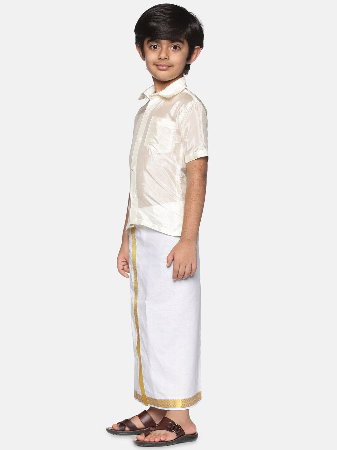 Sethukrishna Boys Cream-Coloured & Gold-Toned Shirt with Dhoti Set | Grocsy