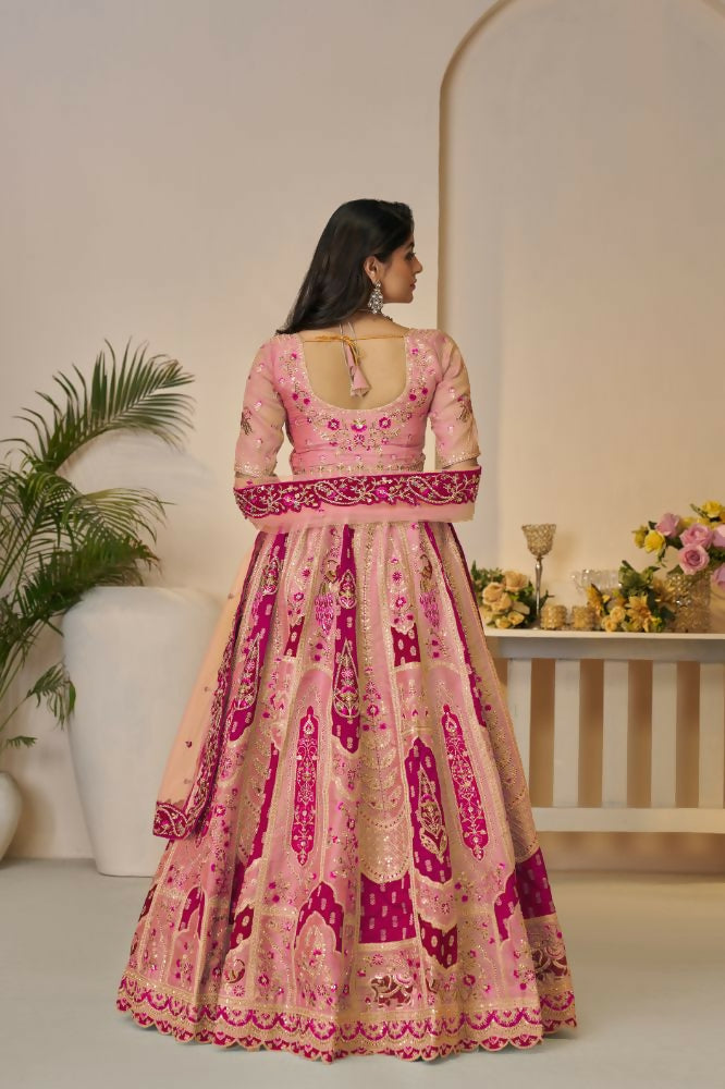 Kesar Fab Orange Banarasi Silk Embroidered Lehenga | Grocsy