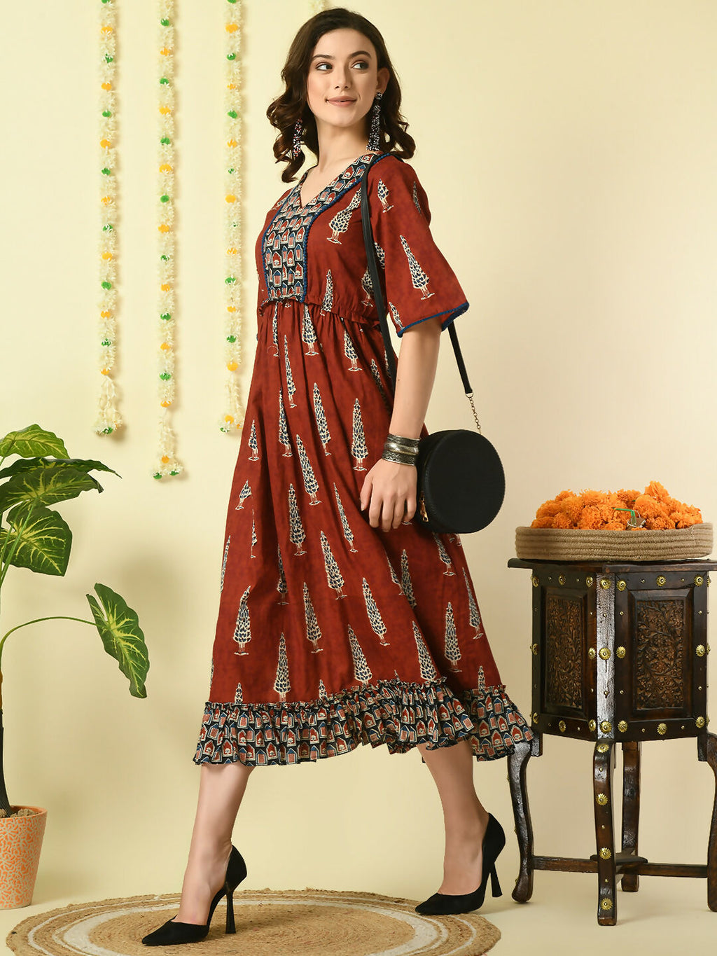 Myshka Women's Rust Printed Cotton Party Dress | Grocsy
