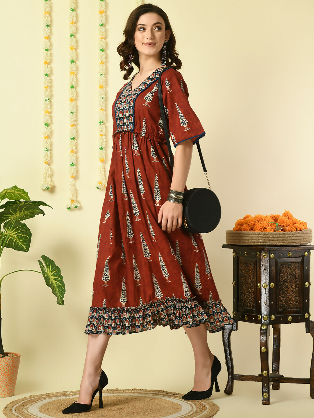 Myshka Women's Rust Printed Cotton Party Dress | Grocsy