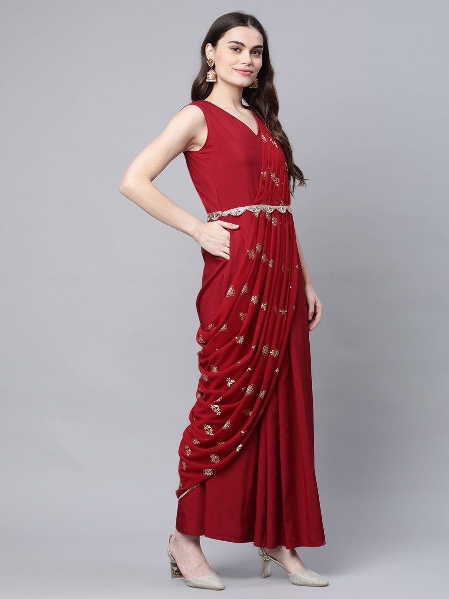 Ahalyaa Women Maroon Crepe Georgette Printed Saree Dress With Printed Pallu | Grocsy