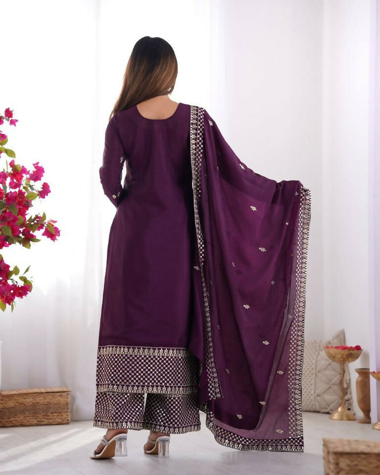 Teeya Creation Wine Color Pure Chinnon Silk Embroidery Work Functional Wear Salwar Suit | Grocsy