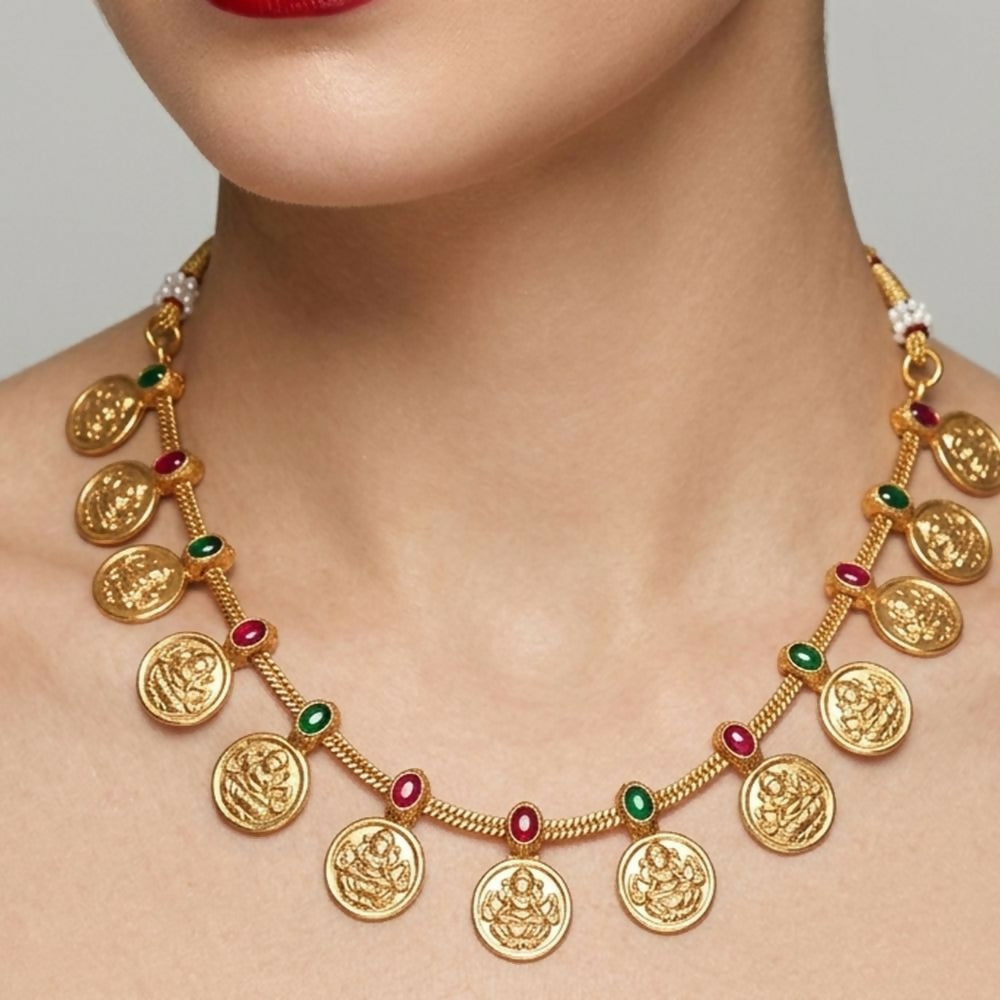 Jewel City Traditional Gold-Plated Temple Lakshmi Coin Necklace Set with Ruby & Emerald Accents | Grocsy