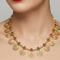 Jewel City Traditional Gold-Plated Temple Lakshmi Coin Necklace Set with Ruby & Emerald Accents | Grocsy