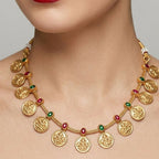 Jewel City Traditional Gold-Plated Temple Lakshmi Coin Necklace Set with Ruby & Emerald Accents | Grocsy