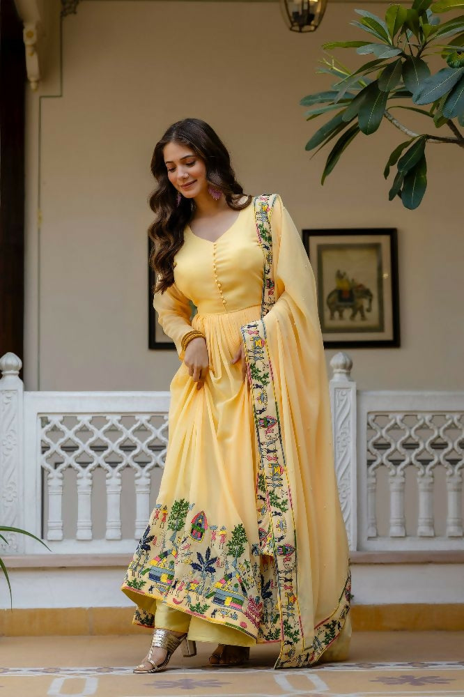 Teeya Creation Yellow Color Faux Georgette Heavy Embroidery Work Party Wear Long Gown | Grocsy