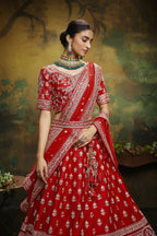 House of Panchhi Red Pure Silk Moti & Zarkan heavy embroidery Lehenga choli & Dupatta | Grocsy