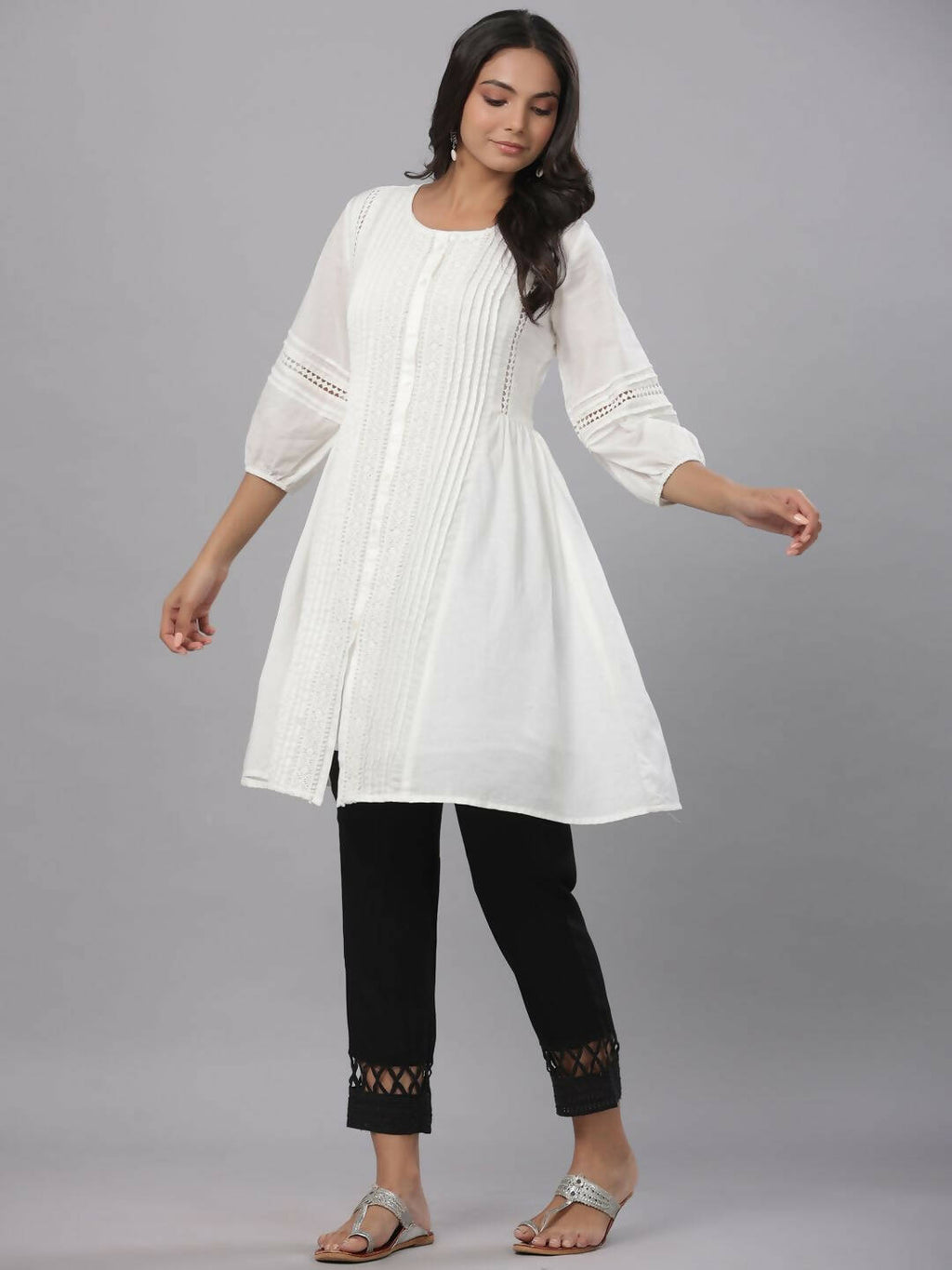 Juniper Women's White Cotton Silk Solid A-Line Kurta | Grocsy