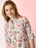 Sangria Off White Floral Printed Mandarin Collar Cotton A-Line Kurta | Grocsy