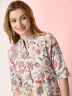 Sangria Off White Floral Printed Mandarin Collar Cotton A-Line Kurta | Grocsy
