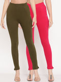 TAG 7 Women Pack Of 2 Olive and Pink Solid Comfort Fit Ankle-Length Leggings | Grocsy