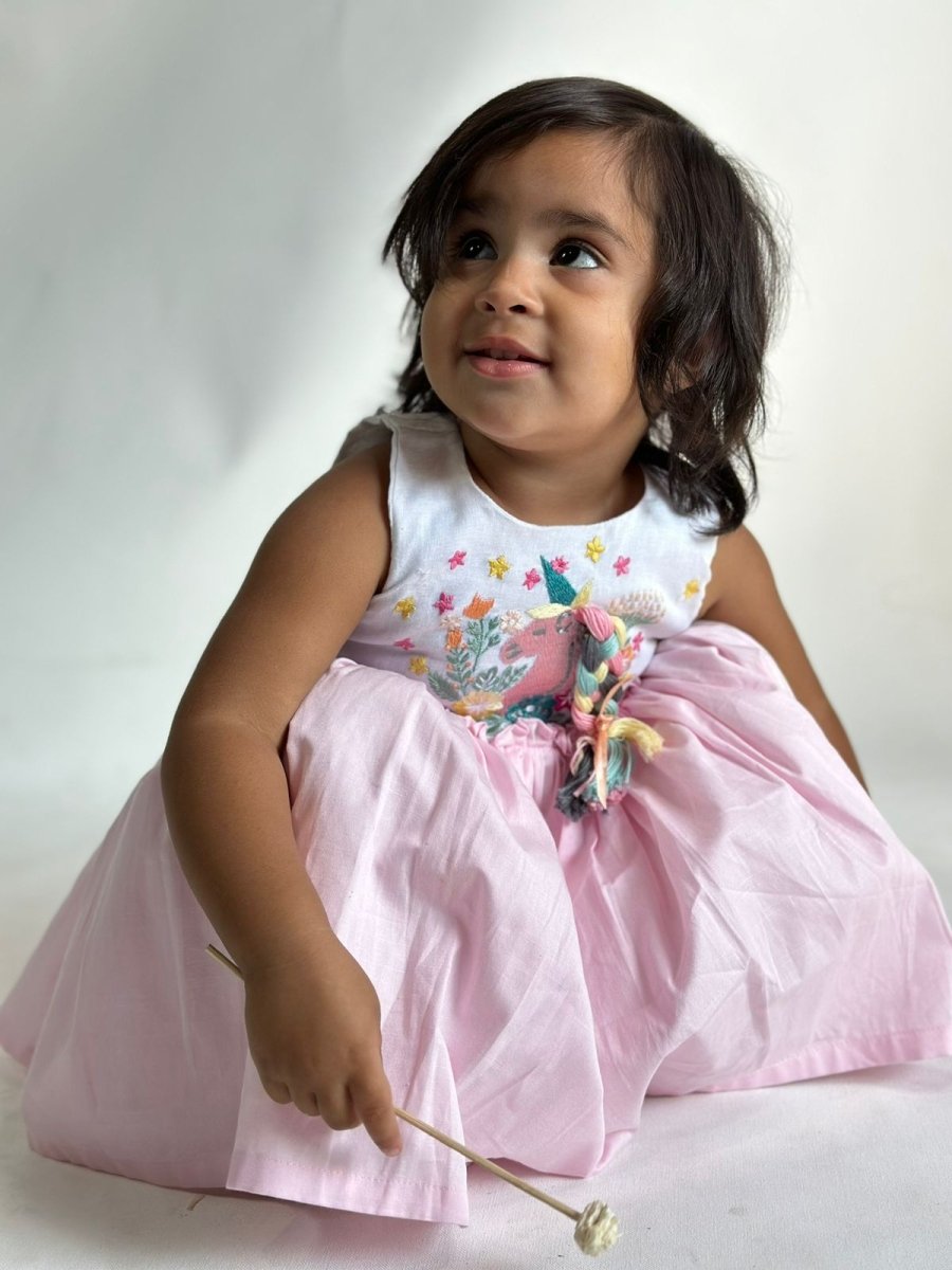 ArthLife White And Pink Unicorn Embroidered Dress | Grocsy