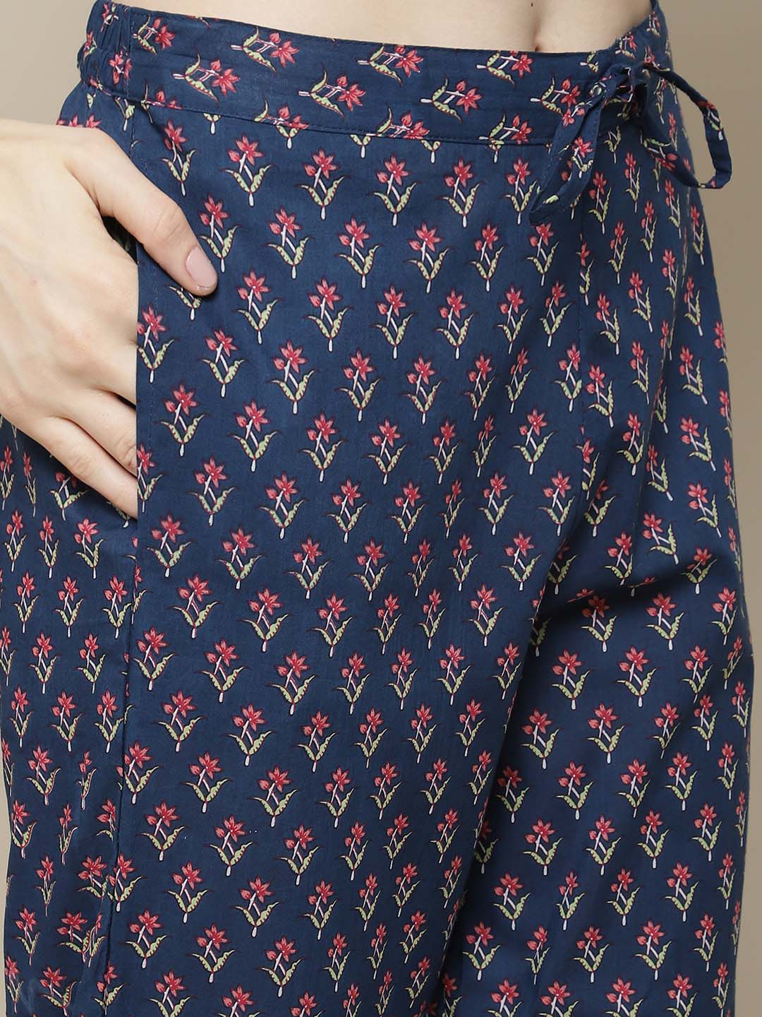 Sangria Women Navy Blue Floral Printed Pure Cotton Kurti with Trousers & With Dupatta | Grocsy