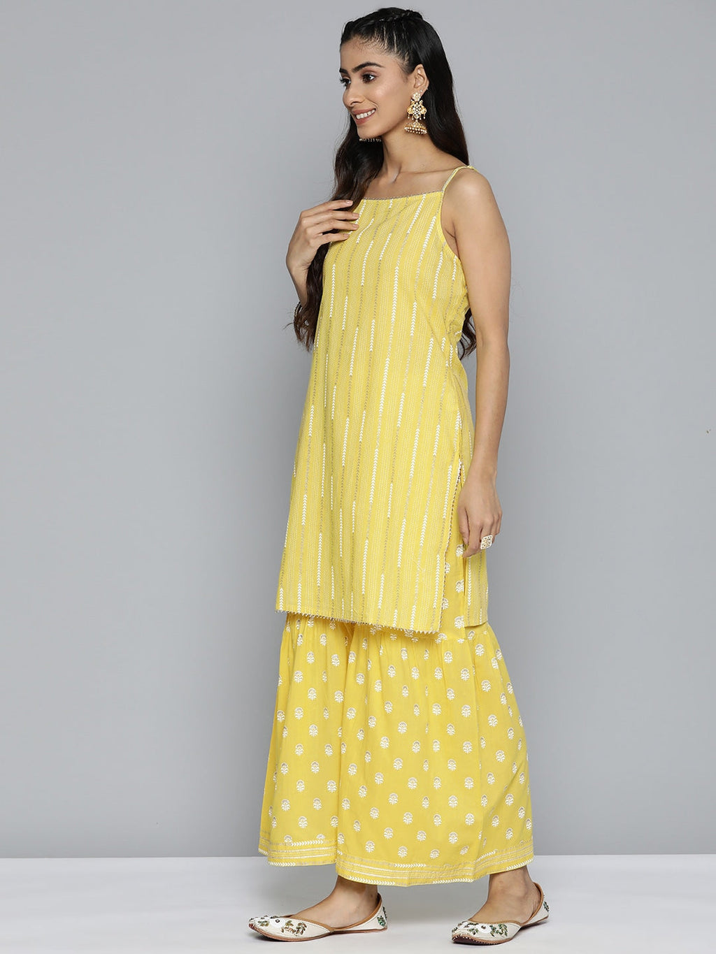 HERE&NOW Ethnic Motifs Printed Gotta Patti Pure Cotton Kurta with Sharara & Dupatta | Grocsy
