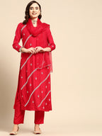 Sangria Women Red & White Ethnic Embellished Beaded Kurta with Trousers & Dupatta | Grocsy