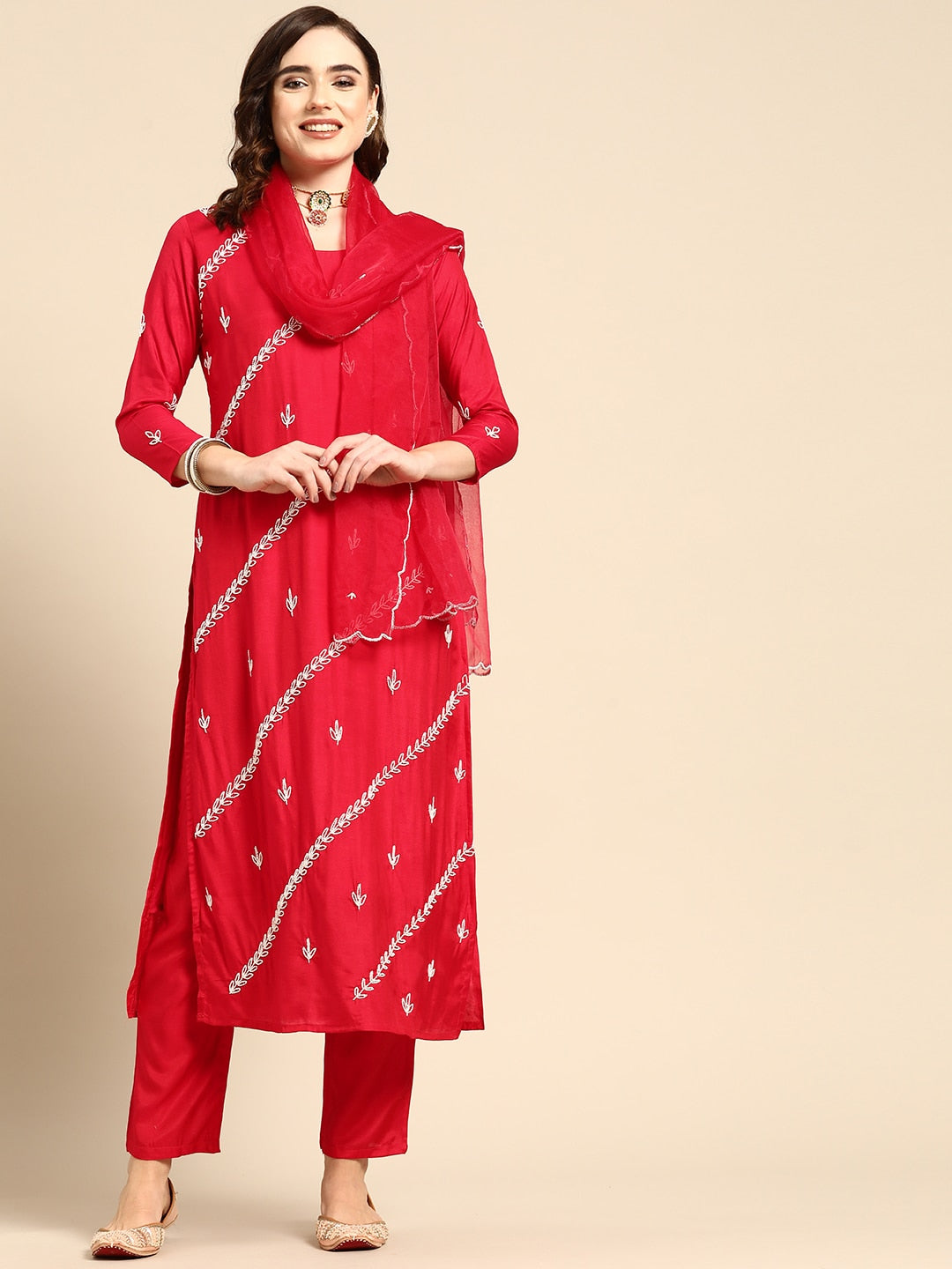 Sangria Women Red & White Ethnic Embellished Beaded Kurta with Trousers & Dupatta | Grocsy
