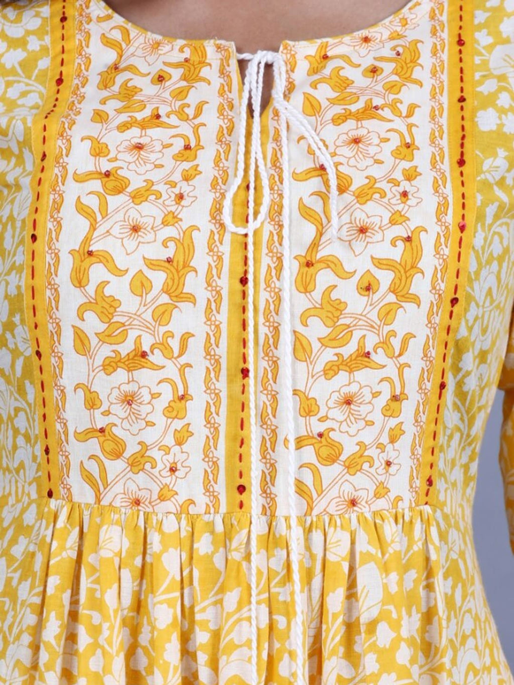 HERE&NOW Women Yellow Floral Printed Sequined A-Line Kurta with Trousers | Grocsy