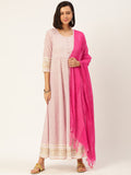 HERE&NOW Women White And Pink Polka Dot Print Cotton Anarkali Kurta With Dupatta | Grocsy