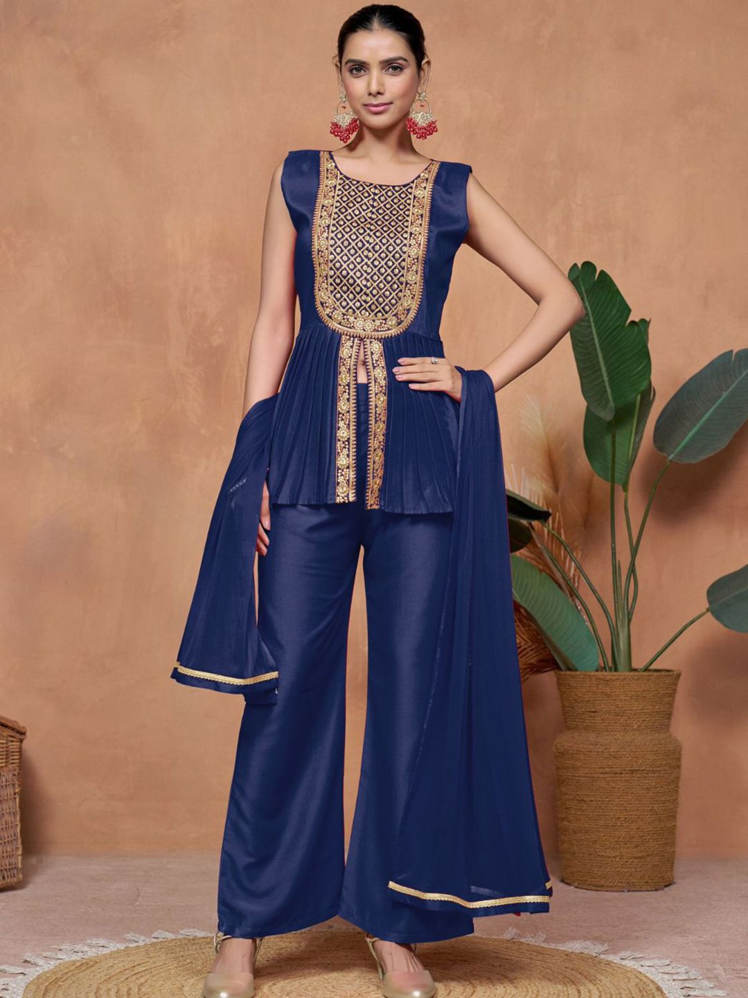 Sangria Chinnon Embroidered A-line Kurta Palazzo With Dupatta Set | Grocsy