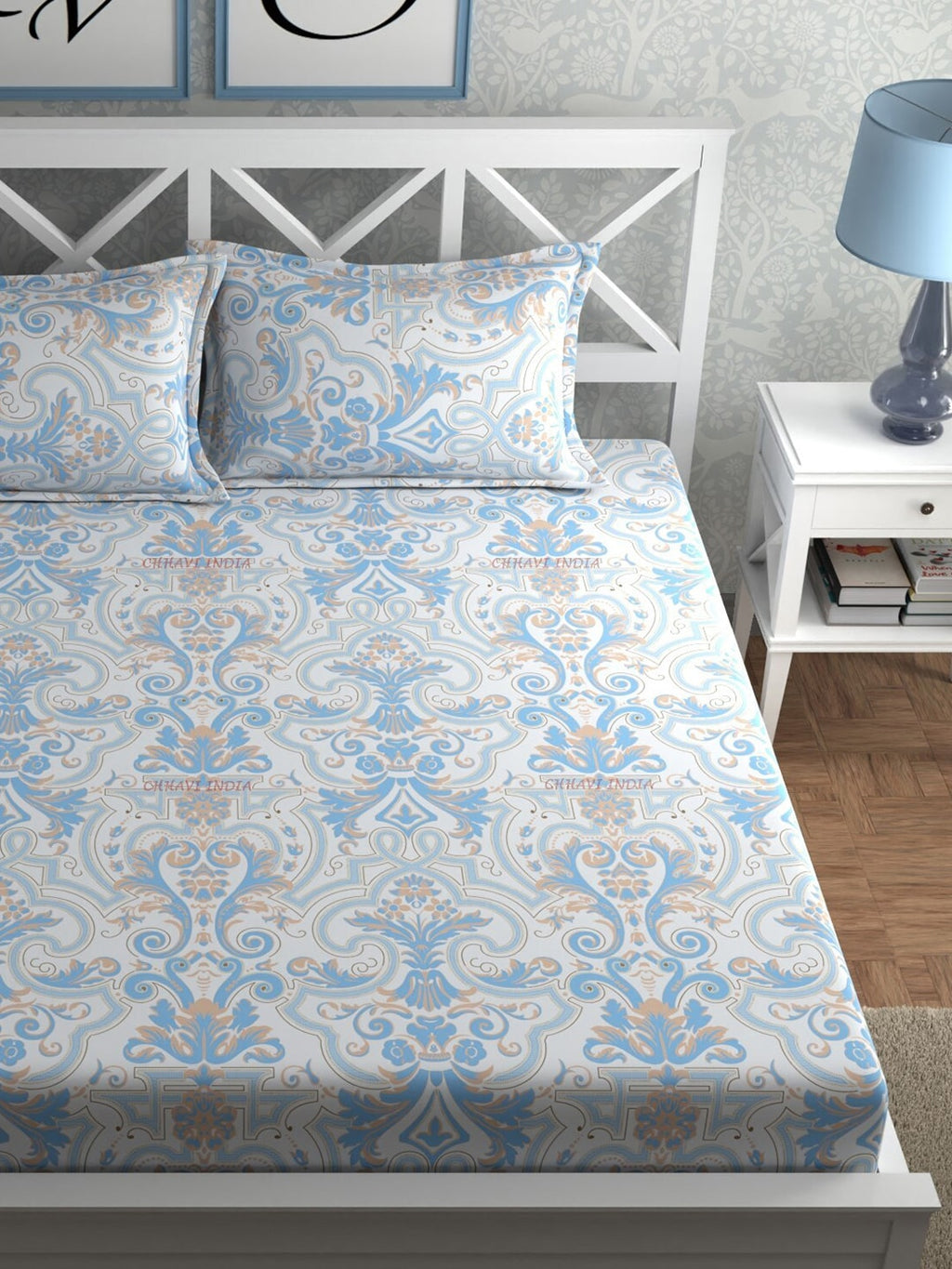 CHHAVI INDIA Blue & White Ethnic Motifs 210 TC King Bedsheet with 2 Pillow Covers | Grocsy