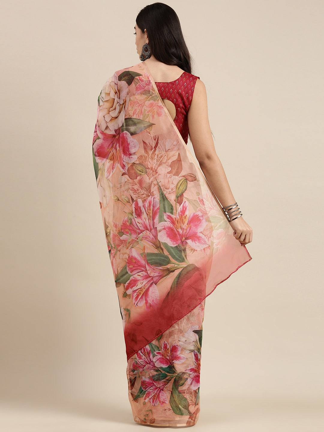 Saree Mall Pink Floral Printed Organza Sarees | Grocsy