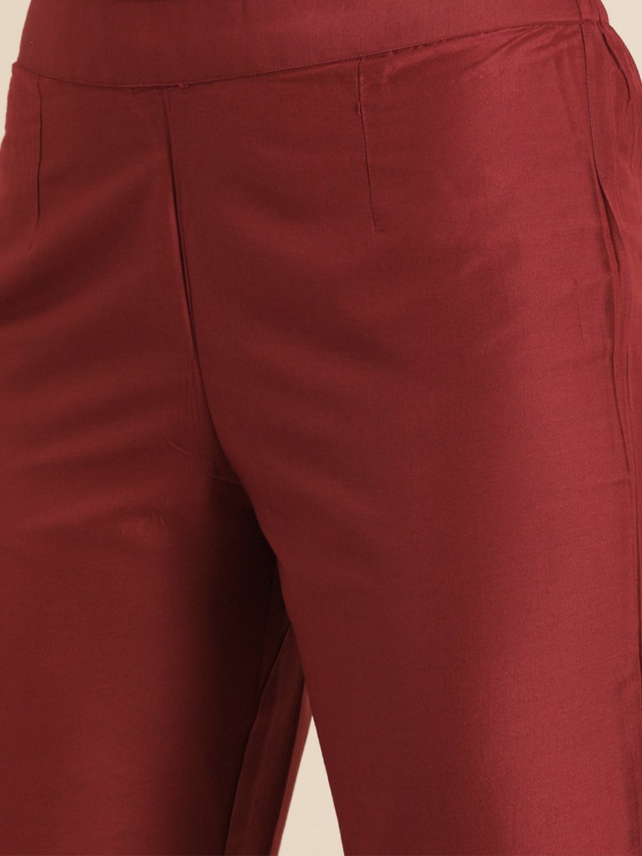 All About You Women Maroon & Golden Satin Finish Kurta with Trousers & With Dupatta | Grocsy