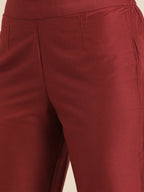 All About You Women Maroon & Golden Satin Finish Kurta with Trousers & With Dupatta | Grocsy