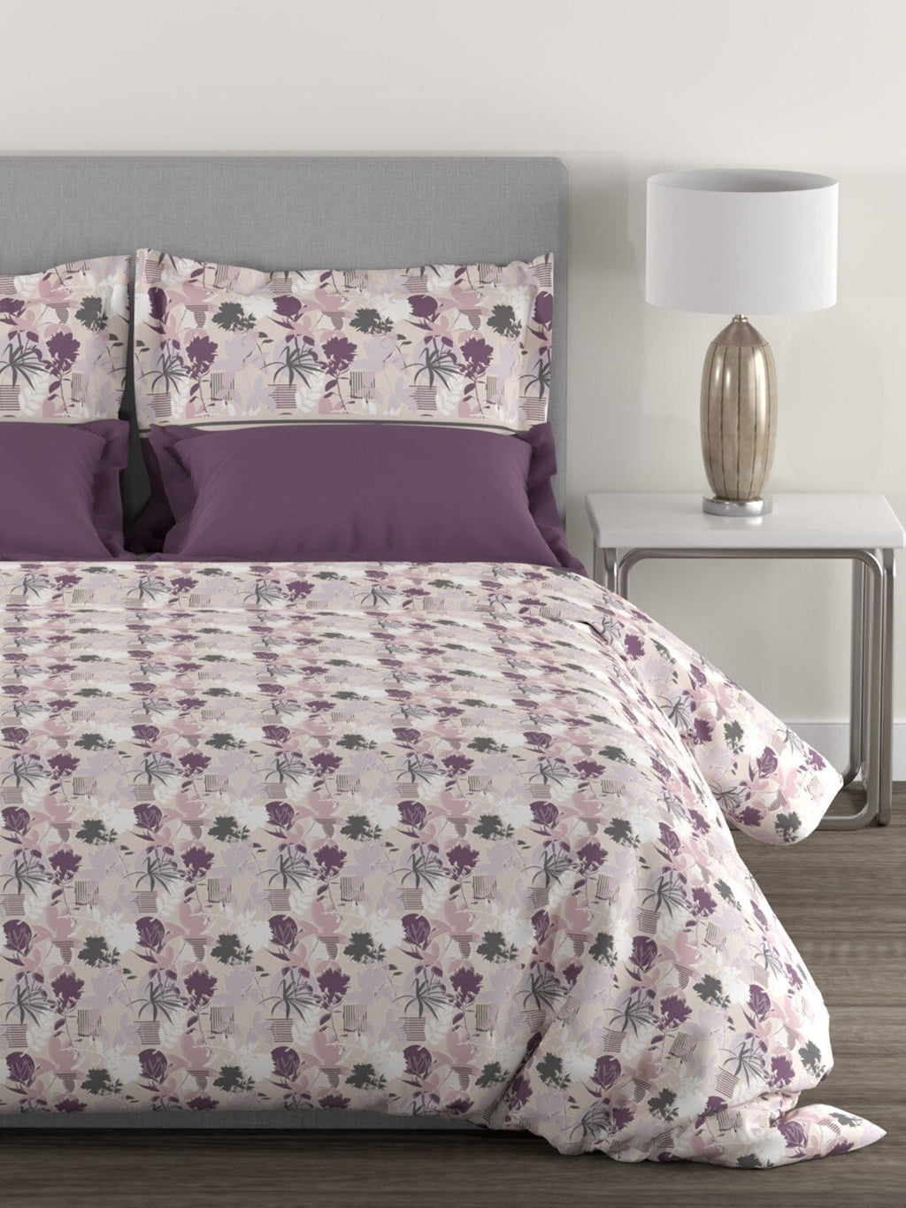 MYTRIDENT Mauve White Floral Cotton 144 TC Queen Bedsheet With 2 Pillow Covers | Grocsy