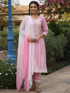 Juniper Women's Pink Cambric Floral Print Kurta Straight Pant And Duptta Sets | Grocsy