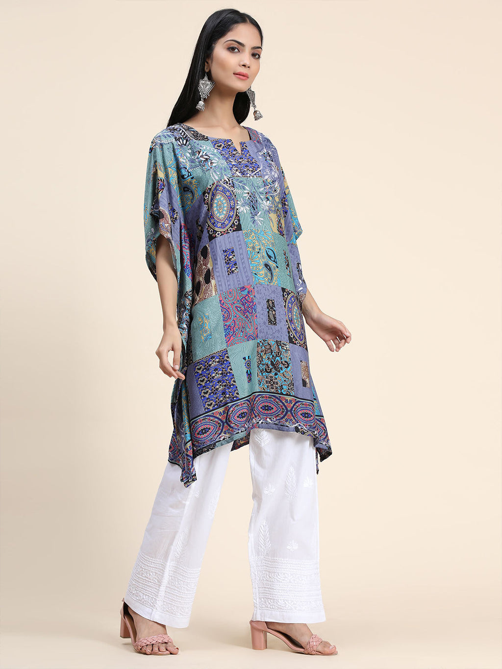 HOUSE OF KARI Ethnic Motifs Printed Notched Neck Chikankari Embroidery Cotton Kaftan Kurta | Grocsy