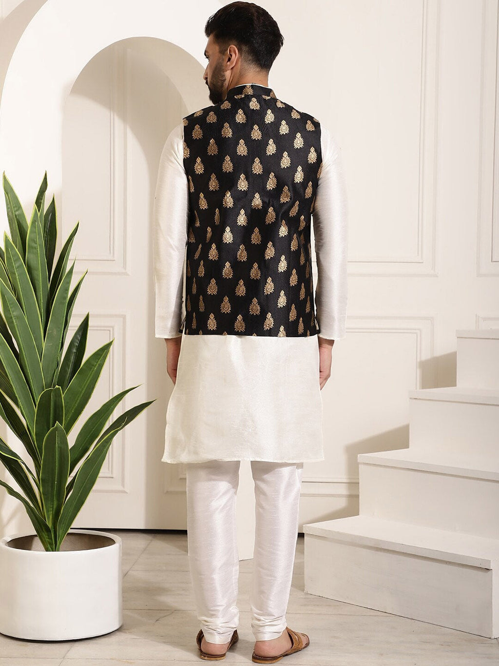 Sojanya Band Collar Straight Kurta & Churidar with Nehru jacket | Grocsy