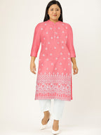 HERE&NOW Women Pure Cotton Ethnic Motifs Embroidered Thread Work Pastels Kurta | Grocsy