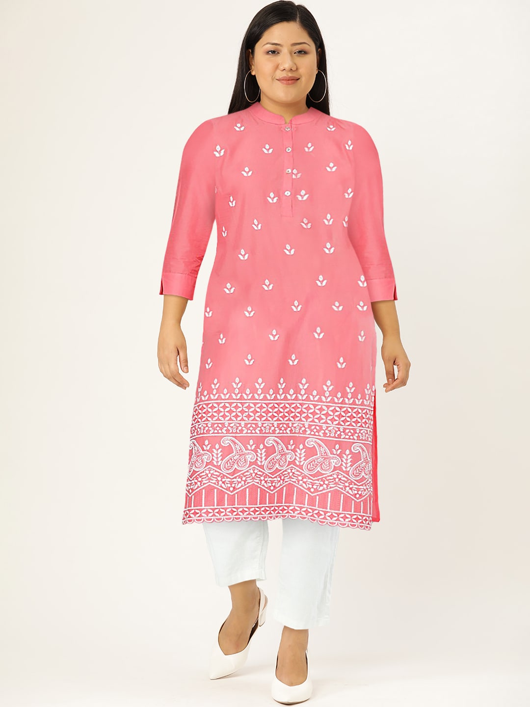 HERE&NOW Women Pure Cotton Ethnic Motifs Embroidered Thread Work Pastels Kurta | Grocsy