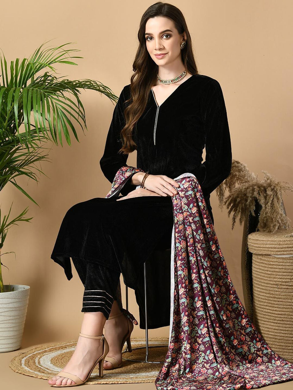 Sangria Maroon V-Neck Straight Velvet Kurta with Trousers With Dupatta | Grocsy