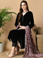 Sangria Maroon V-Neck Straight Velvet Kurta with Trousers With Dupatta | Grocsy