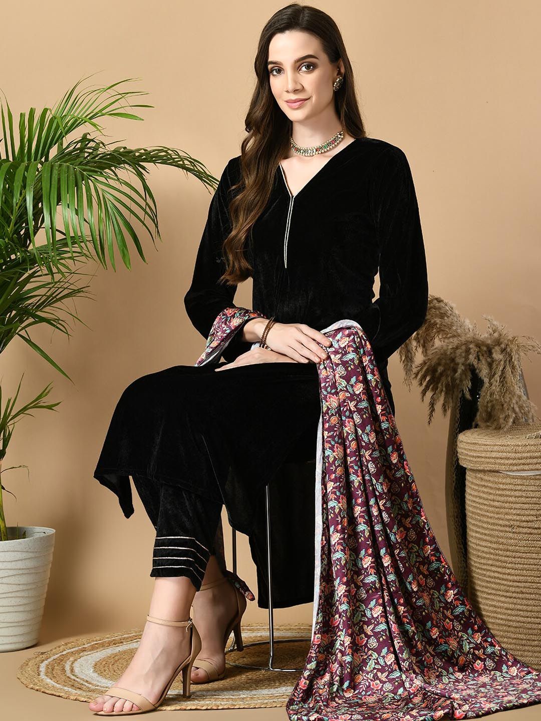 Sangria Maroon V-Neck Straight Velvet Kurta with Trousers With Dupatta | Grocsy