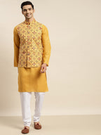 Sojanya Men Mustard Yellow Pure Cotton Kurta with Churidar & Nehru Jacket | Grocsy